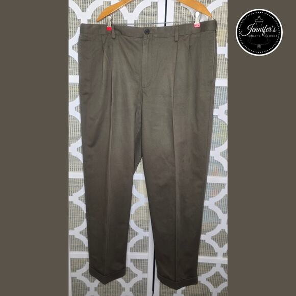Lands' End Men's Olive Green Traditional Fit Pleated Cuffed Dress Pants Size 40 - Picture 3 of 10